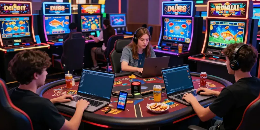 Engaged players experiencing diverse games on DU88 online casino, showcasing excitement and gaming interactions.