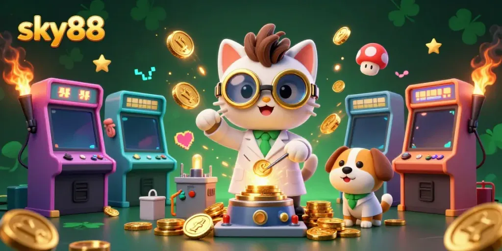 Engage in thrilling gaming action at sky88 with a vibrant casino scene featuring mad scientist cat and loyal dog.