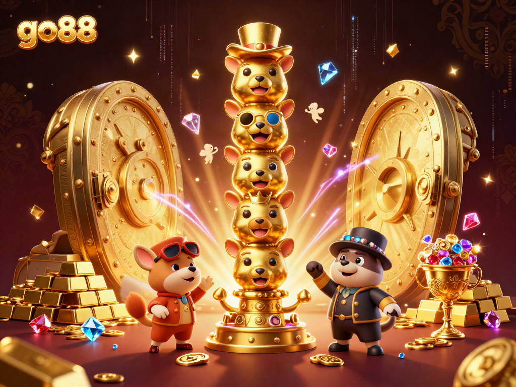 Engage in the vibrant world of go88 with an elaborate 3D casino scene featuring a golden totem pole and treasures.