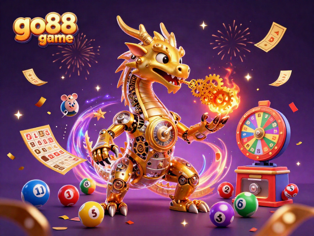 Experience the exciting go88 game with vibrant lottery elements, a golden dragon, and festive scenes.