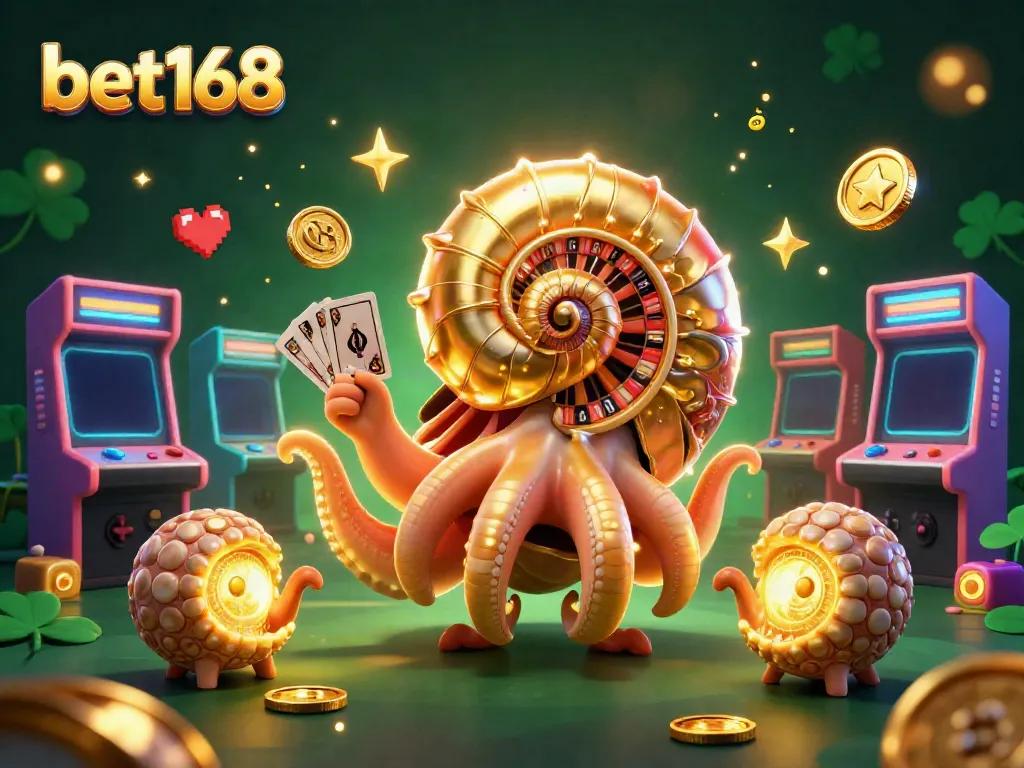 Experience the thrill of bet168 with a vibrant casino scene featuring a giant nautilus and glowing allies.