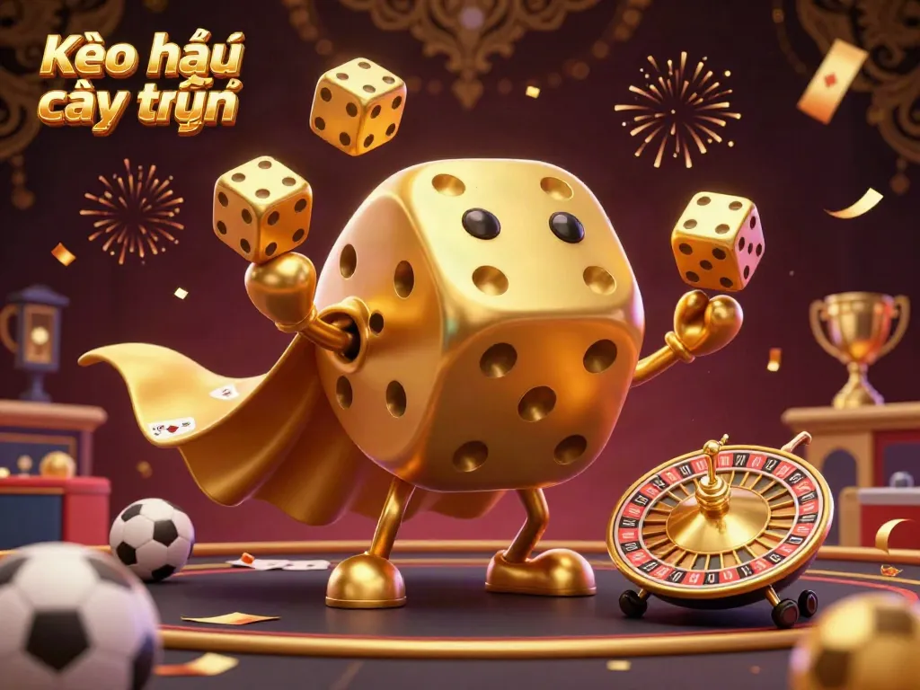 Experience Kèo nhà cái trực tuyến with this vibrant and dynamic illustration of a sports betting scene, showcasing animated golden dice and energetic elements.