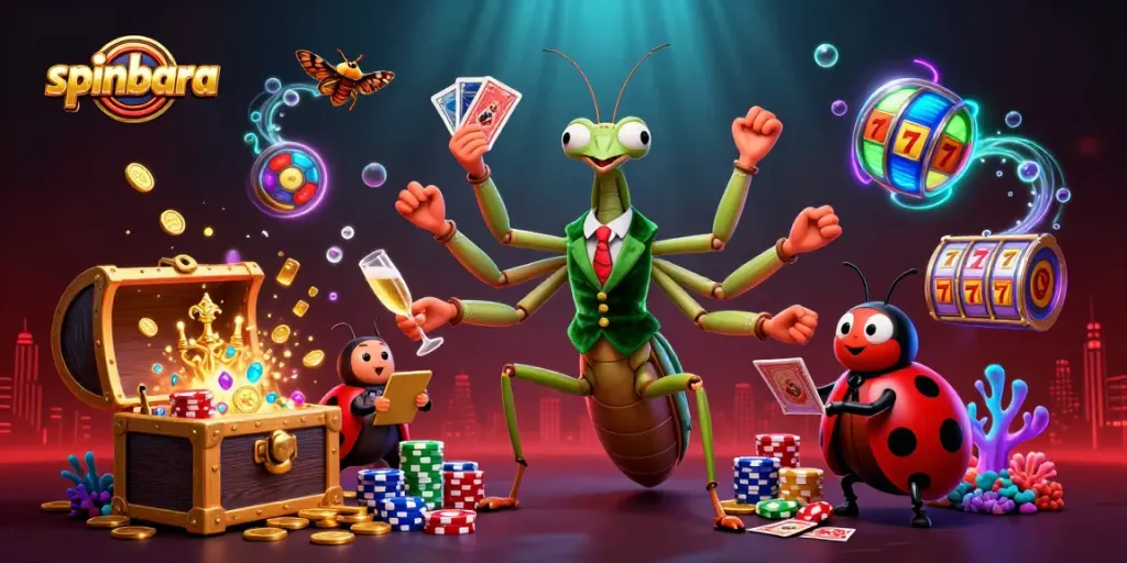 Spinbara presents a colorful casino scene with characters engaging in card games and celebrating wins.