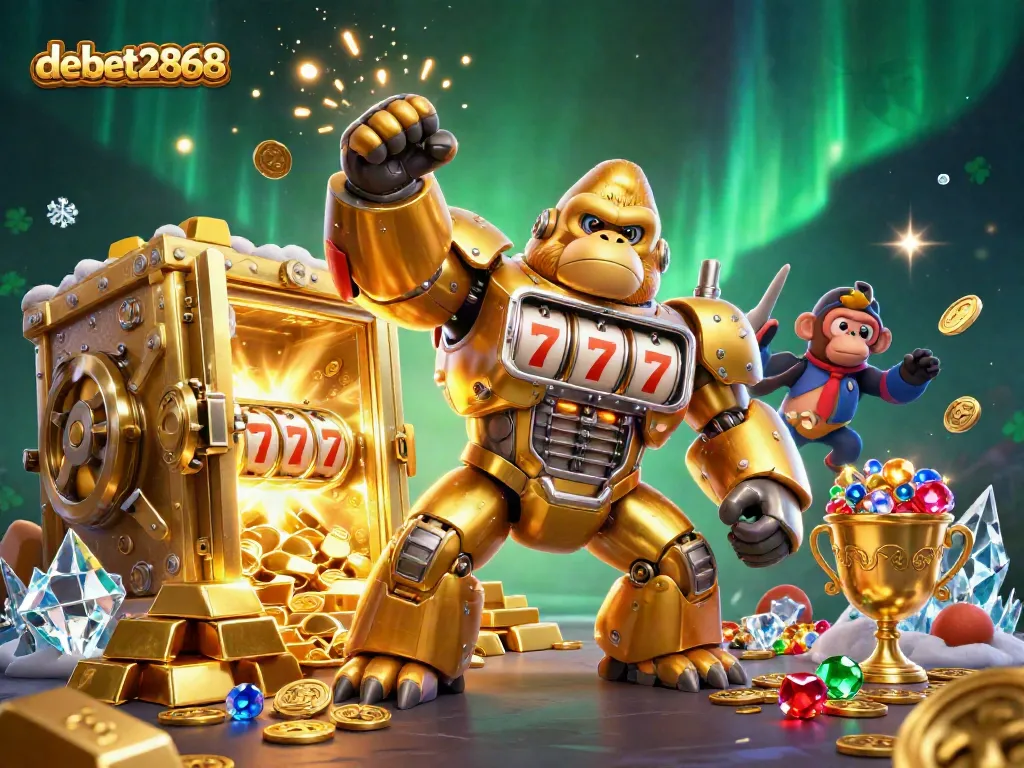 Engage with debet2868's exciting world as a golden gorilla mech bursts through coins and treasures.