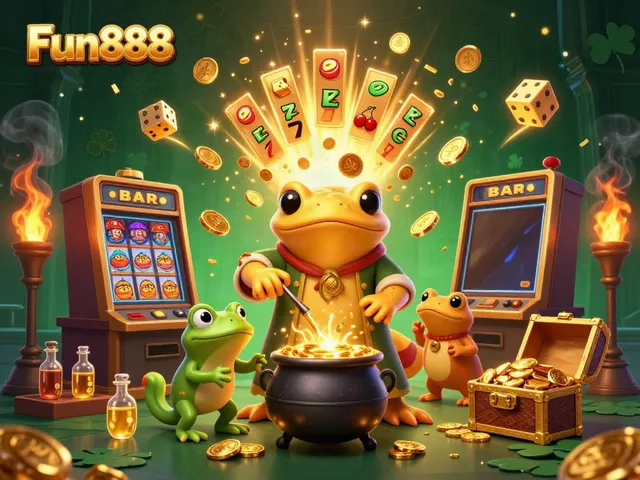 Play exciting games at Fun888 with a magical alchemist and golden treasures bursting from a slot machine.