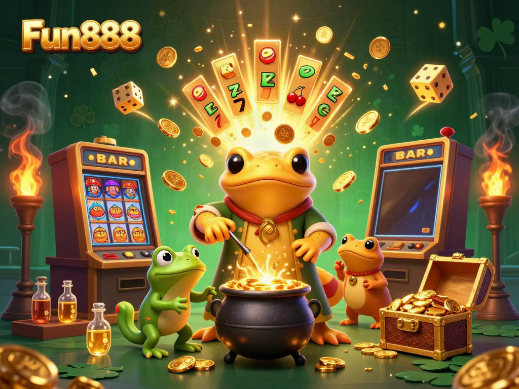 Play exciting games at Fun888 with a magical alchemist and golden treasures bursting from a slot machine.