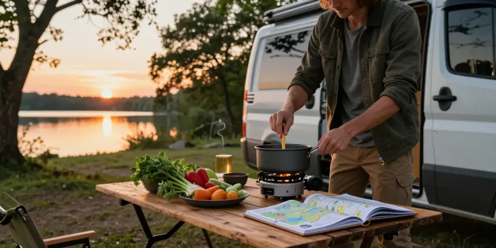 Traveling with rokok88 campervans at golden hour campsite, cooking over a campfire.