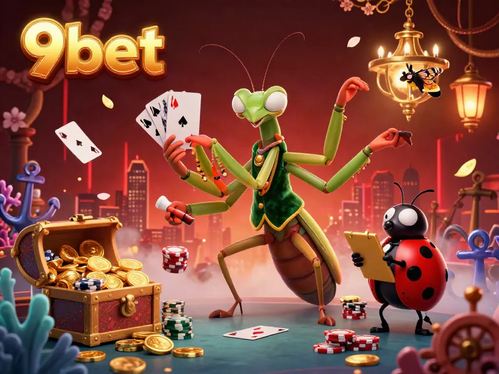 Experience the vibrant world of 9bet with a cartoon mantis card sharp and ladybug pit boss in a dynamic casino setting.