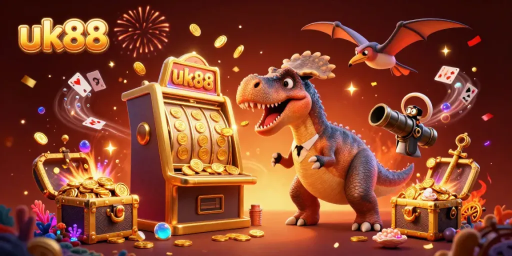Experience the thrill of uk88 as a pachycephalosaurus hits a golden slot machine in a vibrant celebration.