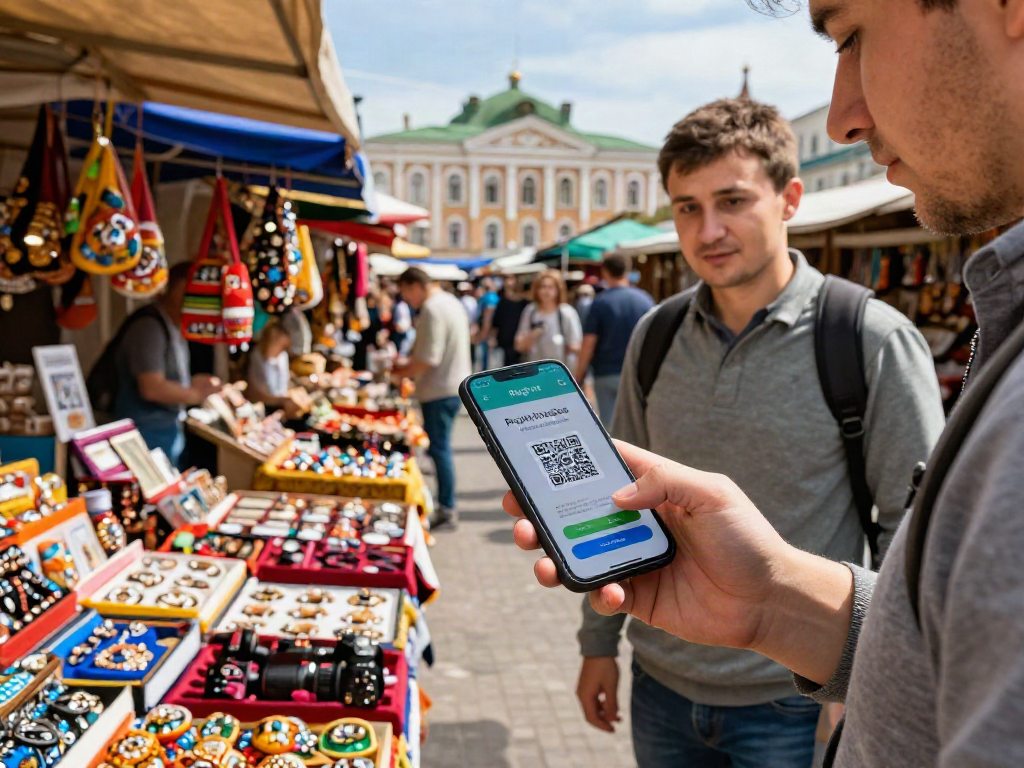 Turistas usando el servicio de https://payinrussia.com/ para pagar de forma fácil y rápida en un mercado local en Rusia, mostrando un código QR en su teléfono.