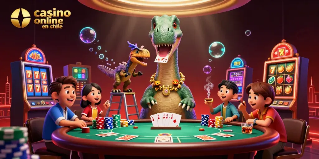 Juega en un casino online en Chile con un divertido brontosaurio y un astuto raptor que reparte cartas.