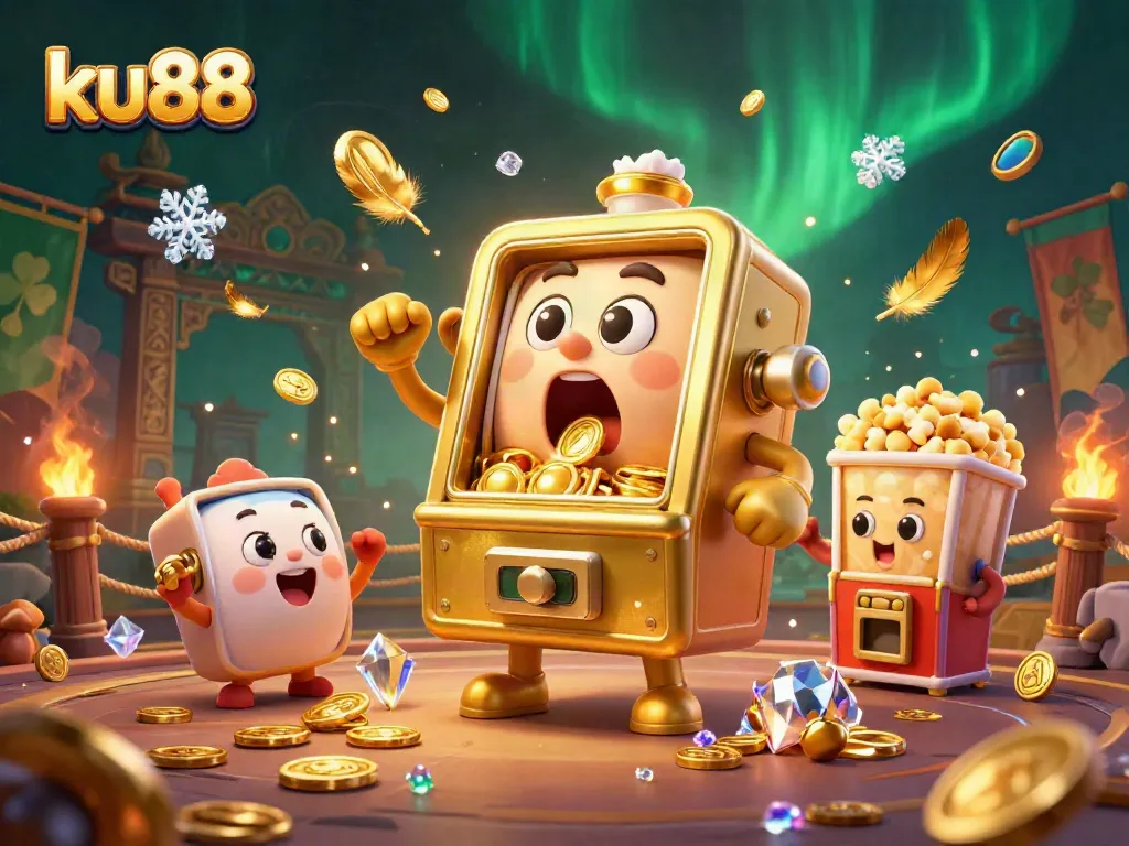 ku88 slot machine hitting jackpots with golden coins in a vibrant casino scene