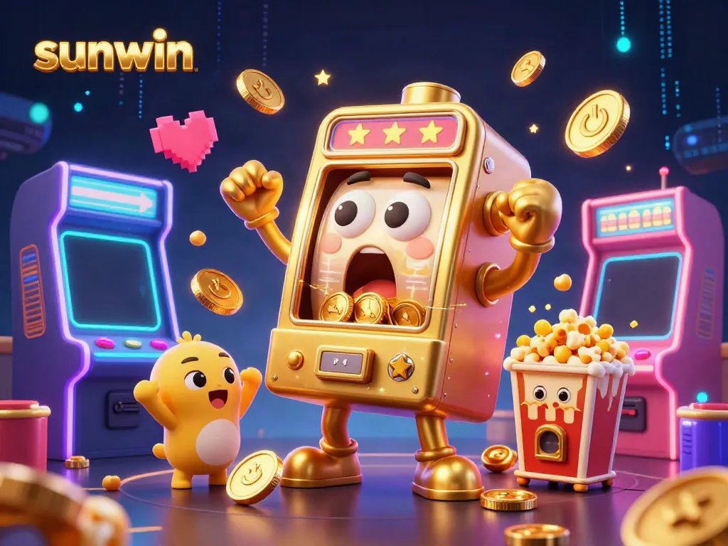 sunwin slot machines celebrating jackpot win with coins in a vibrant casino scene