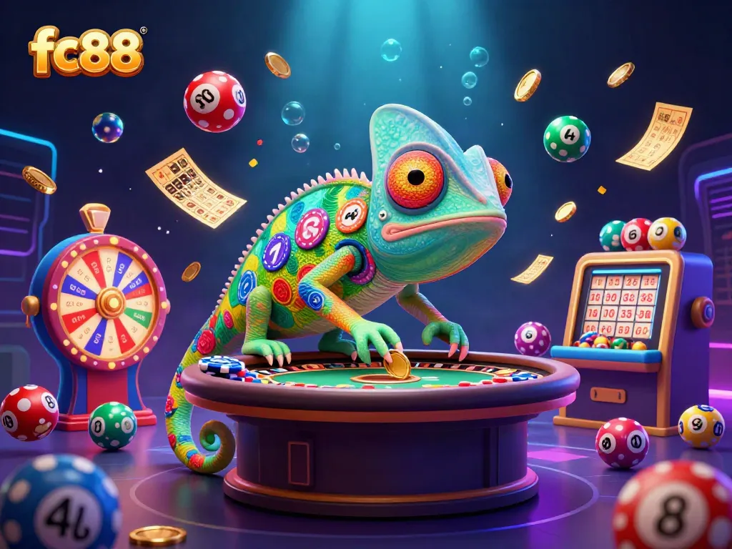 Experience the vibrant casino world of fc88 with a colorful chameleon owner capturing golden prizes.
