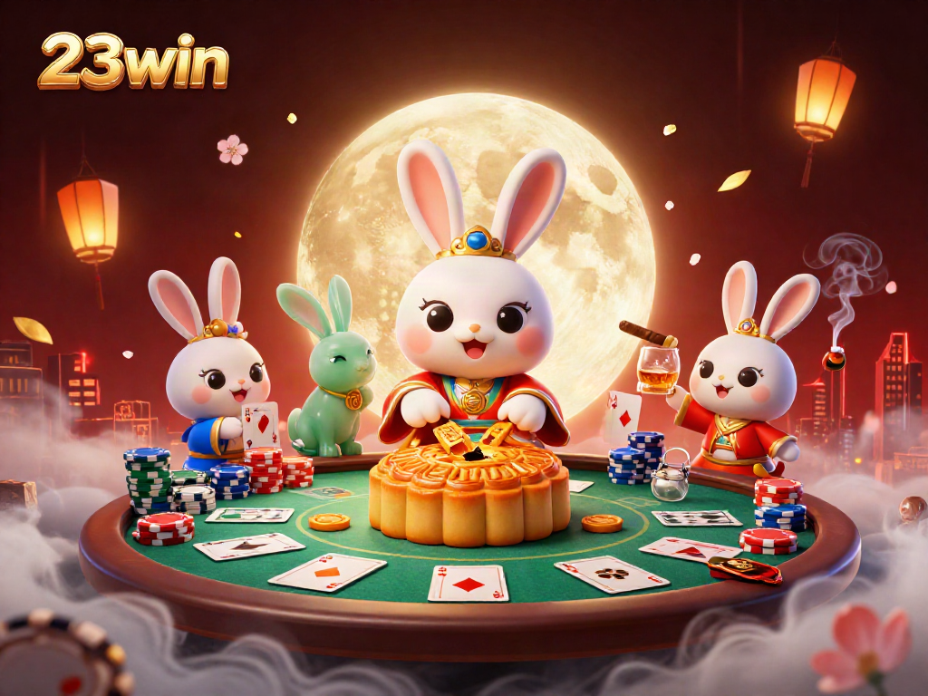 Engage with the vibrant world of 23win as a moon rabbit reveals hidden poker chips in a magical lunar casino.