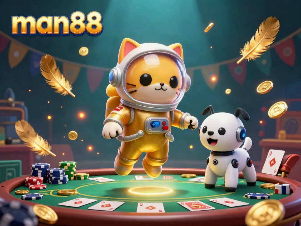 Engage with man88's vibrant gambling world featuring a space astronaut cat and robot dog amid poker elements.
