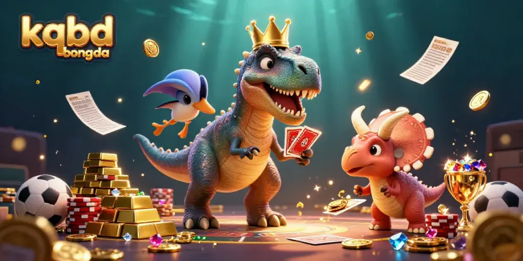 Experience the thrill of sports betting with kqbd bongda, featuring playful dinosaurs in a vibrant gambling scene.