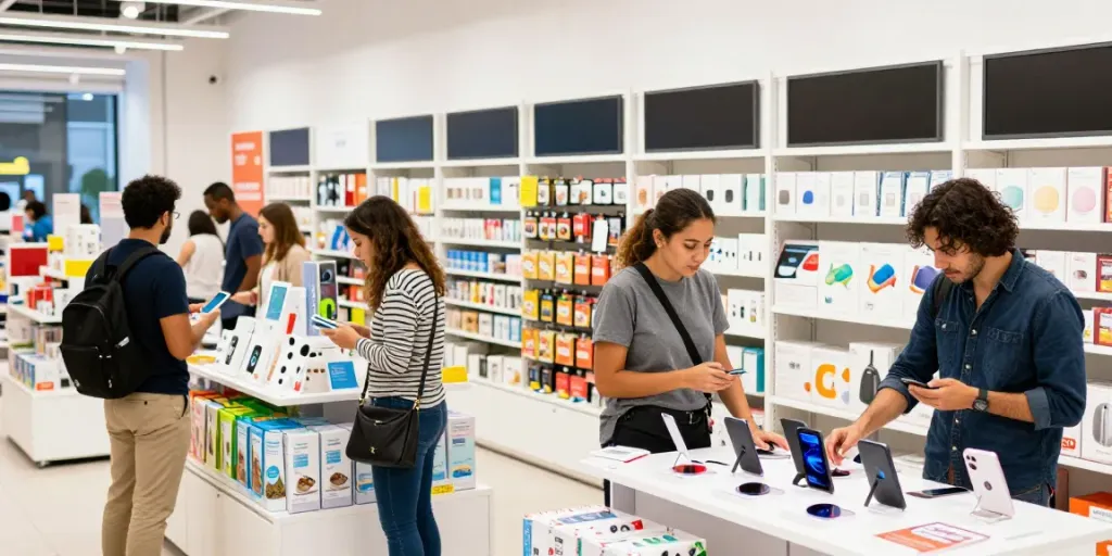 Shoppers engaging with eco-friendly productos in a vibrant retail environment.