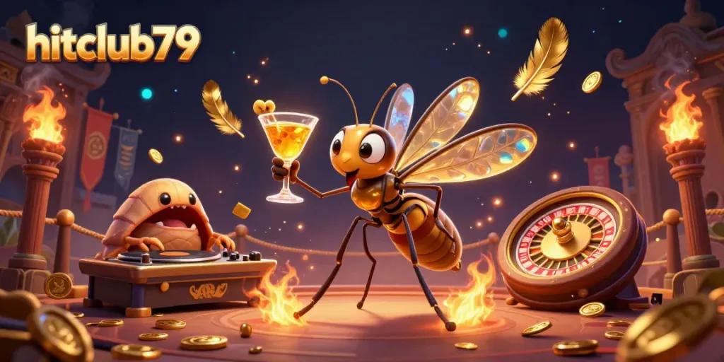 Engage with hitclub79 as the frozen mosquito mascot showcases thrilling casino excitement alongside fossil DJ elements.