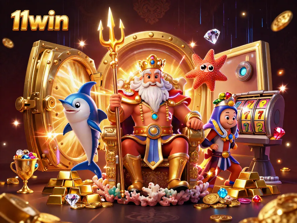 Experience the vibrant energy of 11win's dynamic casino realm filled with gold and jewels.