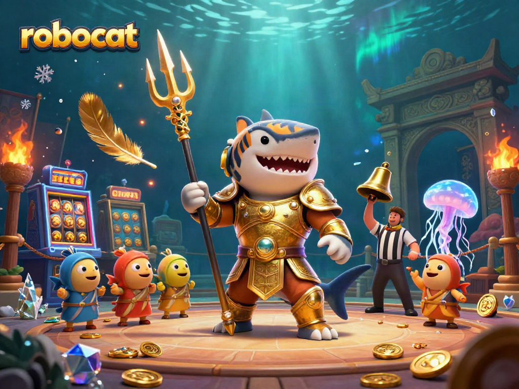 Spin slot reels in an underwater colosseum featuring robocat with a trident amidst golden treasures.
