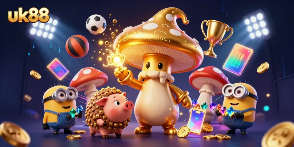 Experience uk88's dynamic world of gaming with an ultra-detailed magical casino illustration featuring whimsical elements.