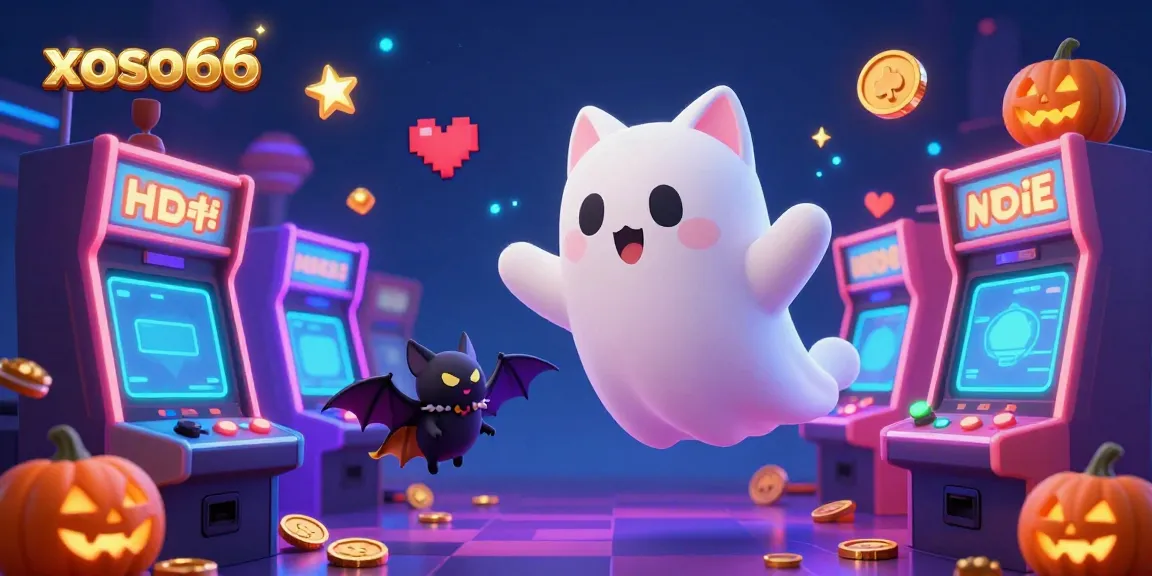 Experience the excitement at xoso66 with a ghost cat and bat in a vibrant casino atmosphere.