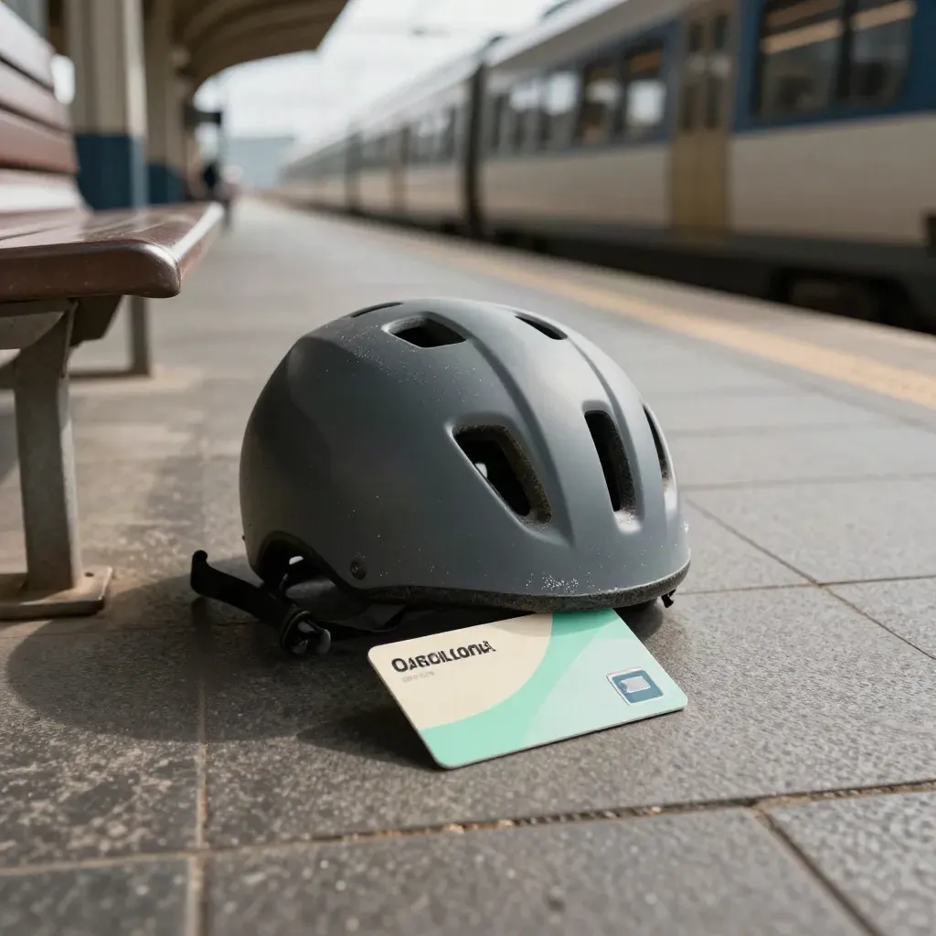 Tarjeta mensual de Barcelona, casco de bici plegado y banco metálico en un andén ventoso.