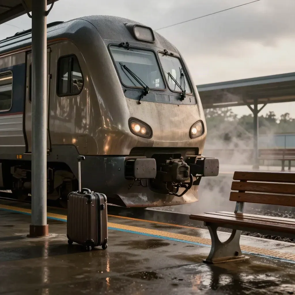 Tren regional frenando en una plataforma lluviosa, con maleta y banco vacío.