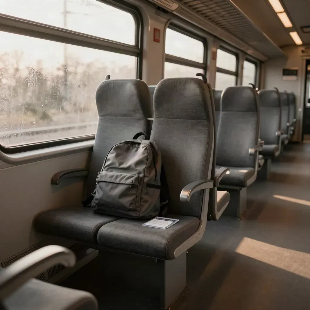 Asientos vacíos de cercanías con mochila ligera y tarjeta de trayecto al amanecer, sobre cristal con vaho.