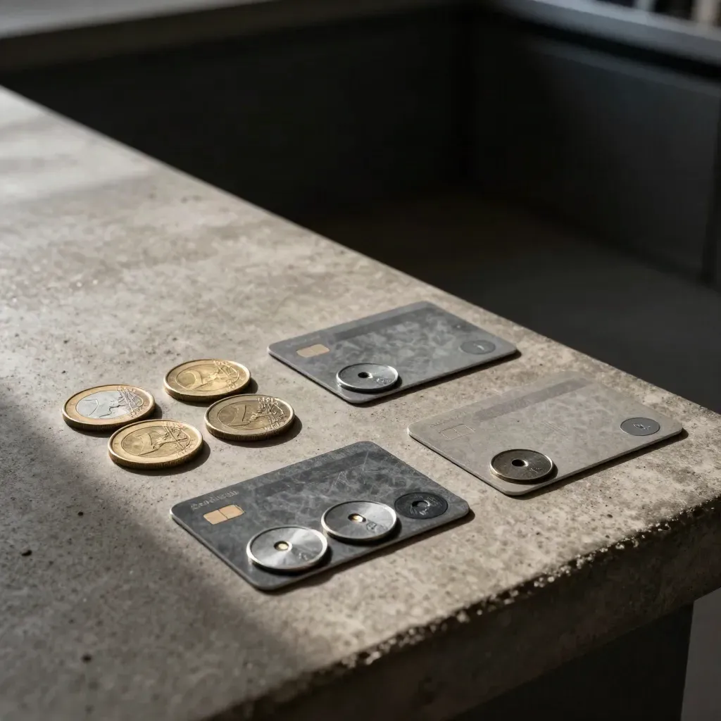 Tarjetas de transporte, monedas y fichas metálicas sobre una barra de hormigón, con luz cálida y fondo oscuro.