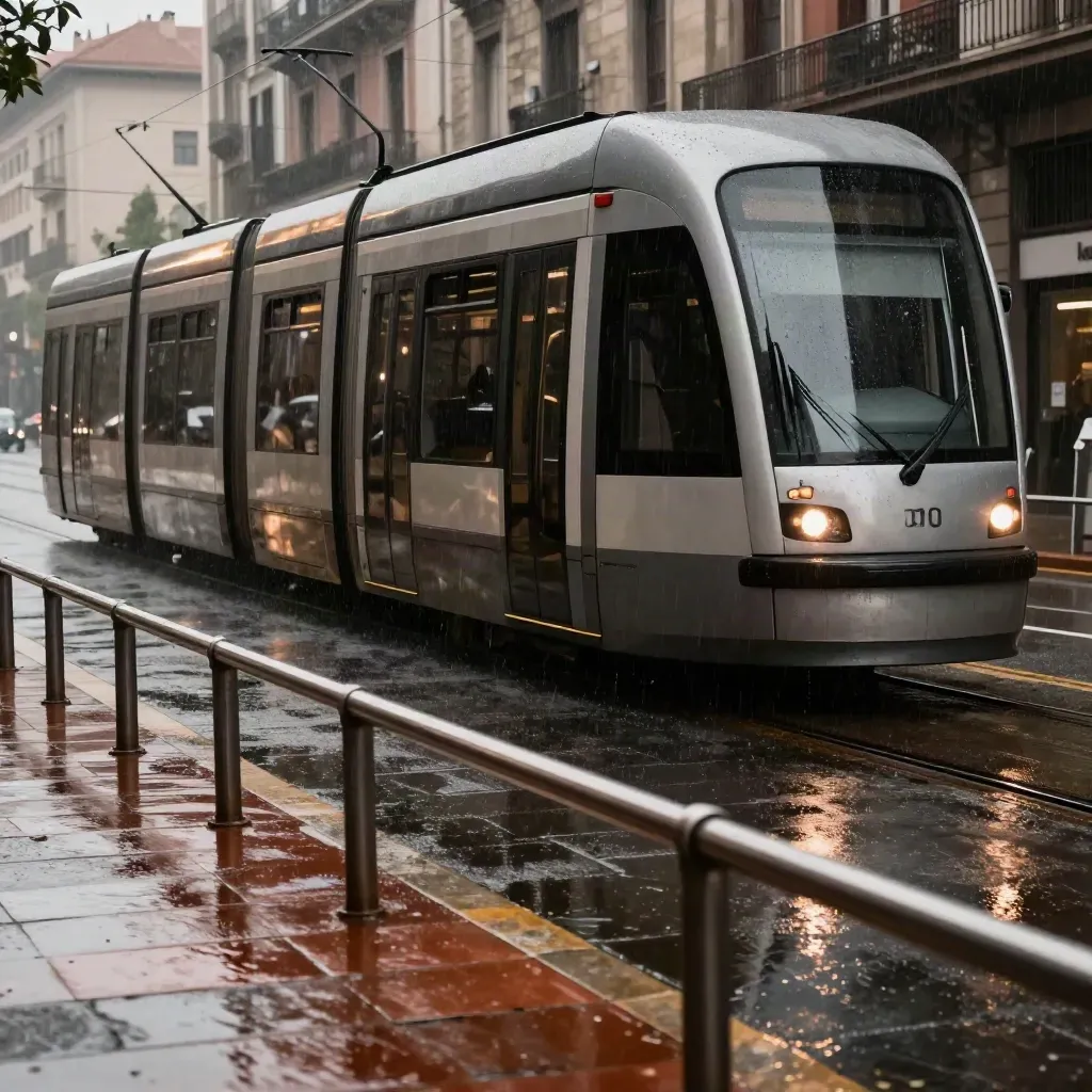 Tranvía de Bizkaia deslizándose bajo la lluvia sobre pavimento mojado y barandilla metálica.