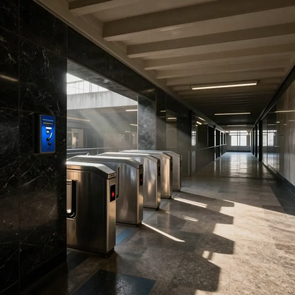 Vestíbulo de metro madrileño vacío con torniquete y luz rasante sobre mármol oscuro.