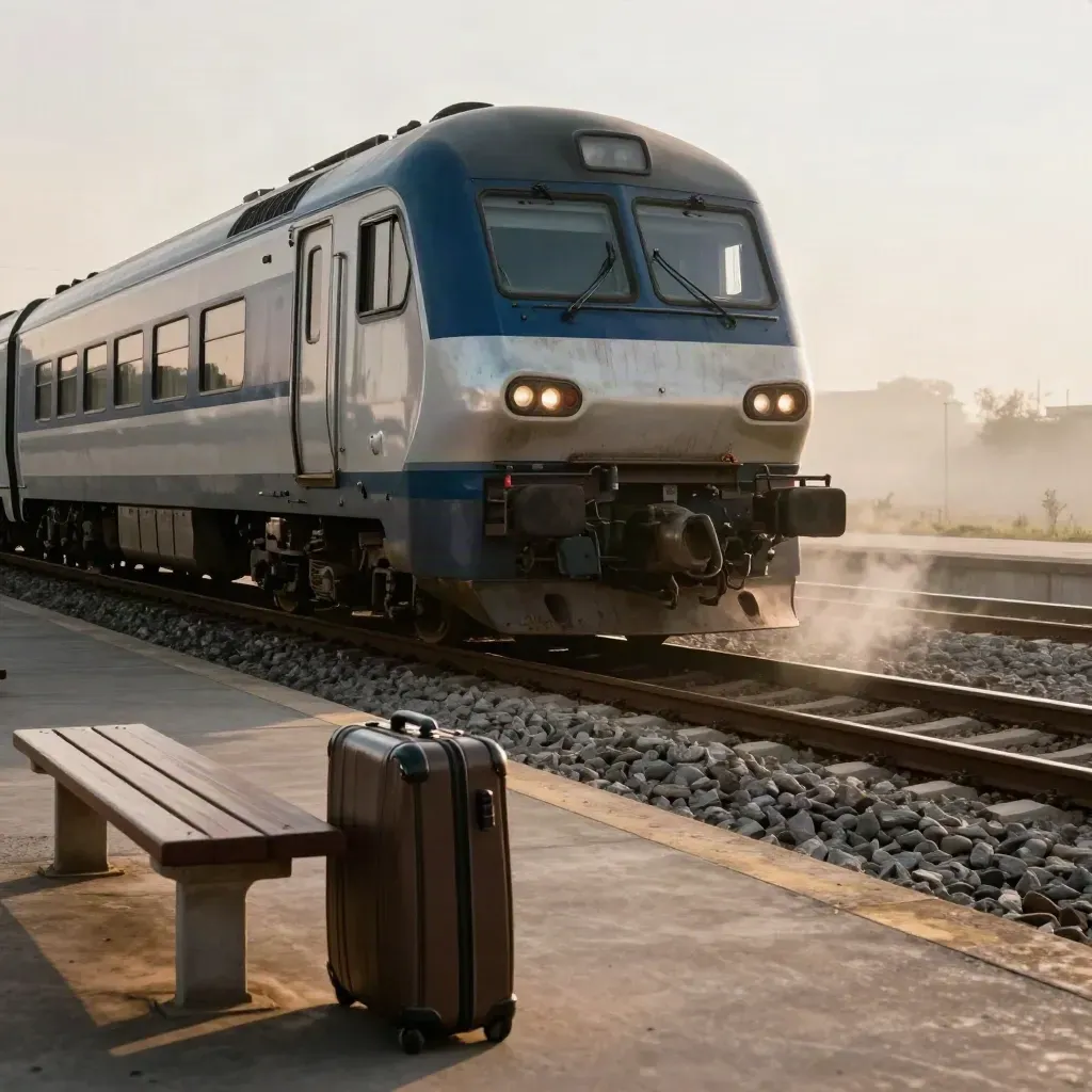 Tren de larga distancia al amanecer, maleta rígida y banco vacío junto a la vía.