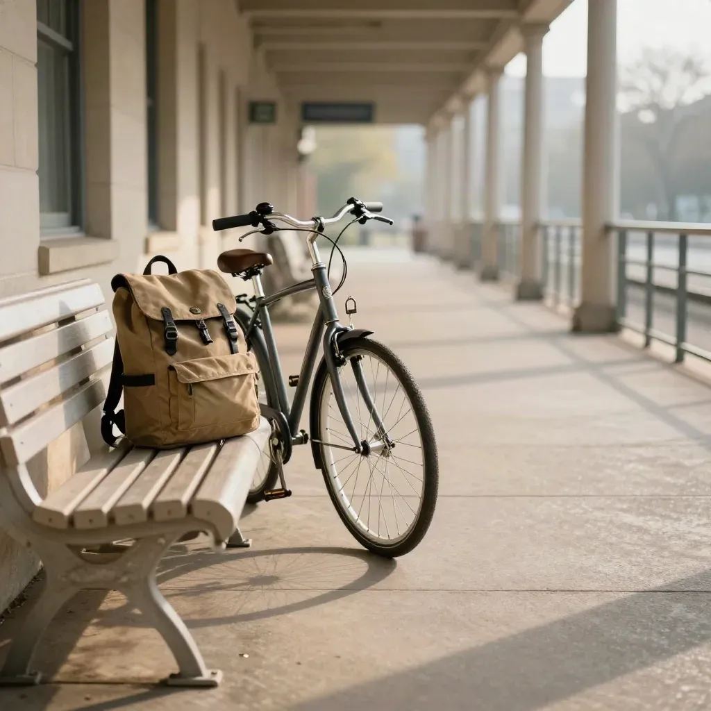 Pasillo entre campus y estación con bici, mochila y banco en luz de mañana.