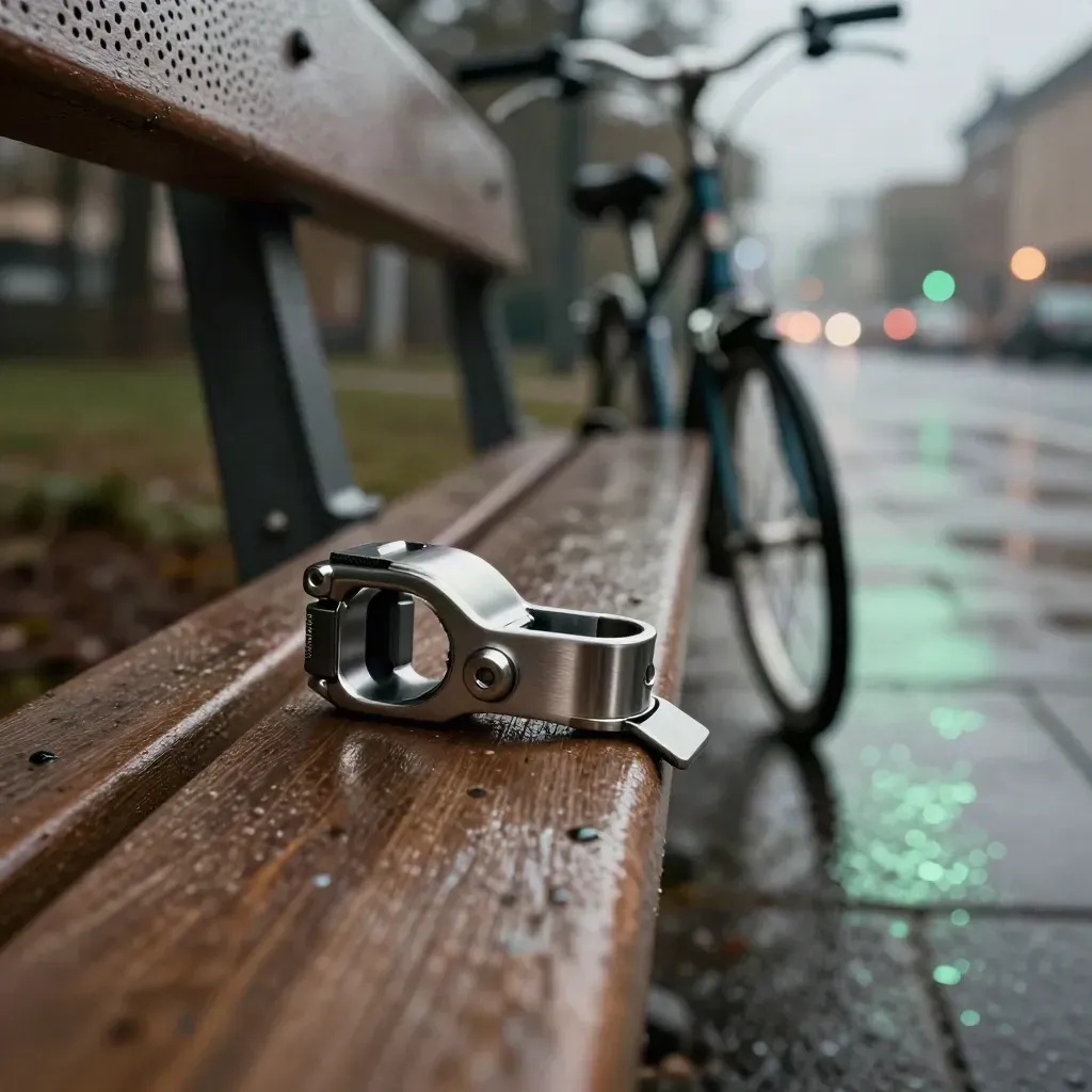 Detalle nocturno de banco, bicicleta y marquesina urbana con reflejos de neón.