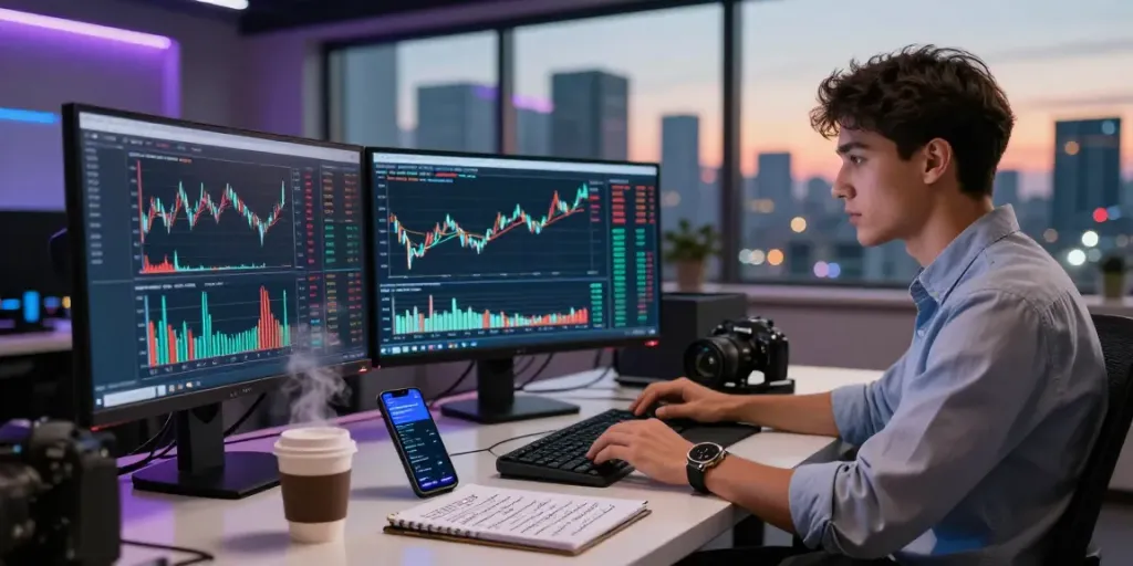 Phuwerte Inwersowia en un entorno de trabajo moderno analizando datos de criptomonedas con pantallas múltiples y luz natural.
