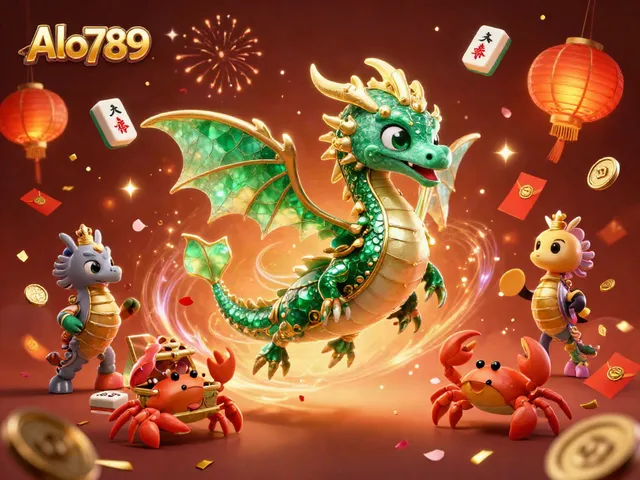 Alo789 offers a vibrant 3D illustration showcasing a sea dragon, swirling coins, and festive Asian elements, celebrating casino excitement.