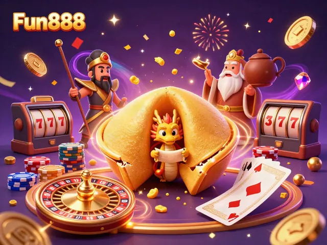 Experience thrilling gaming with Fun888's vibrant 3D casino illustration filled with excitement and fortune.