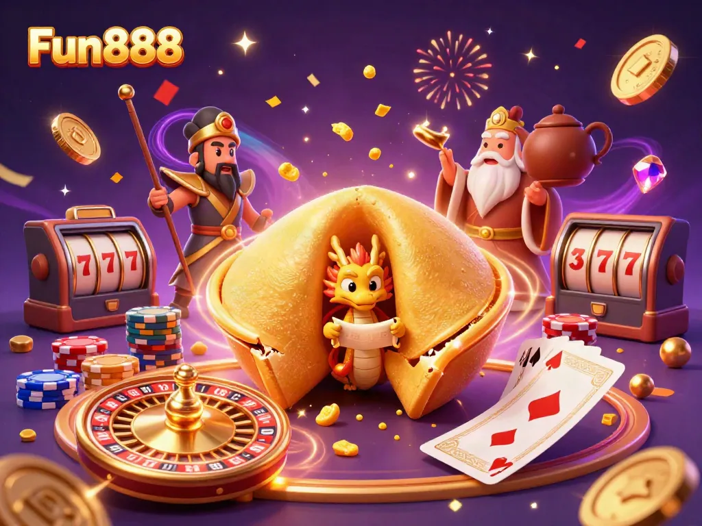 Experience thrilling gaming with Fun888's vibrant 3D casino illustration filled with excitement and fortune.