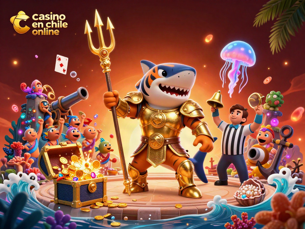Gana en tu casino en chile online con un tiburón gladiador en acción, rodeado de tesoros.