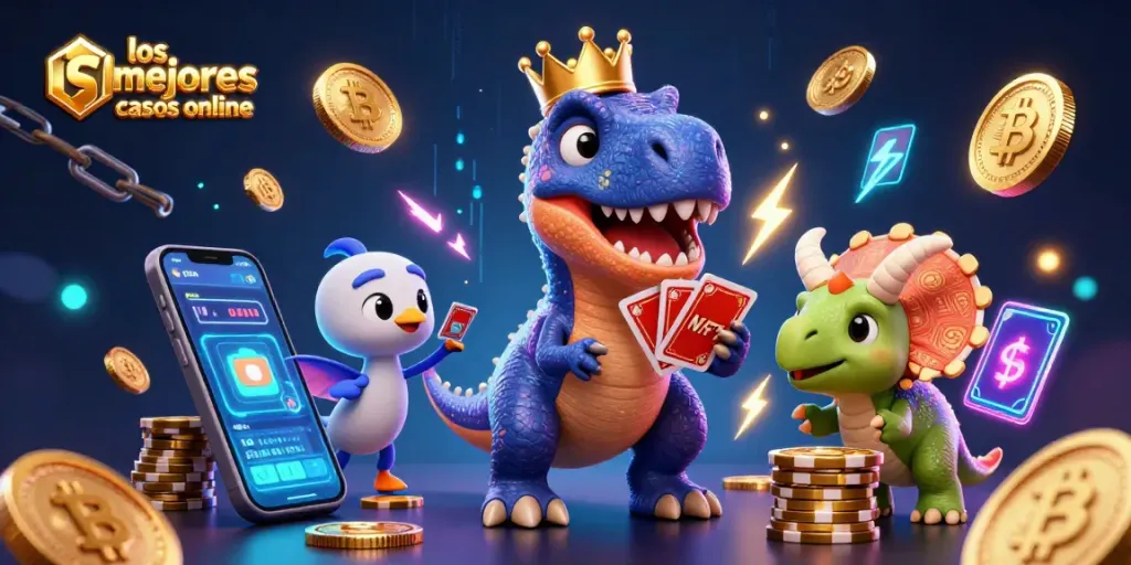 Ilumina tus apuestas con "los mejores casinos online" mientras el T-Rex juega cartas y un triceratops apila fichas.