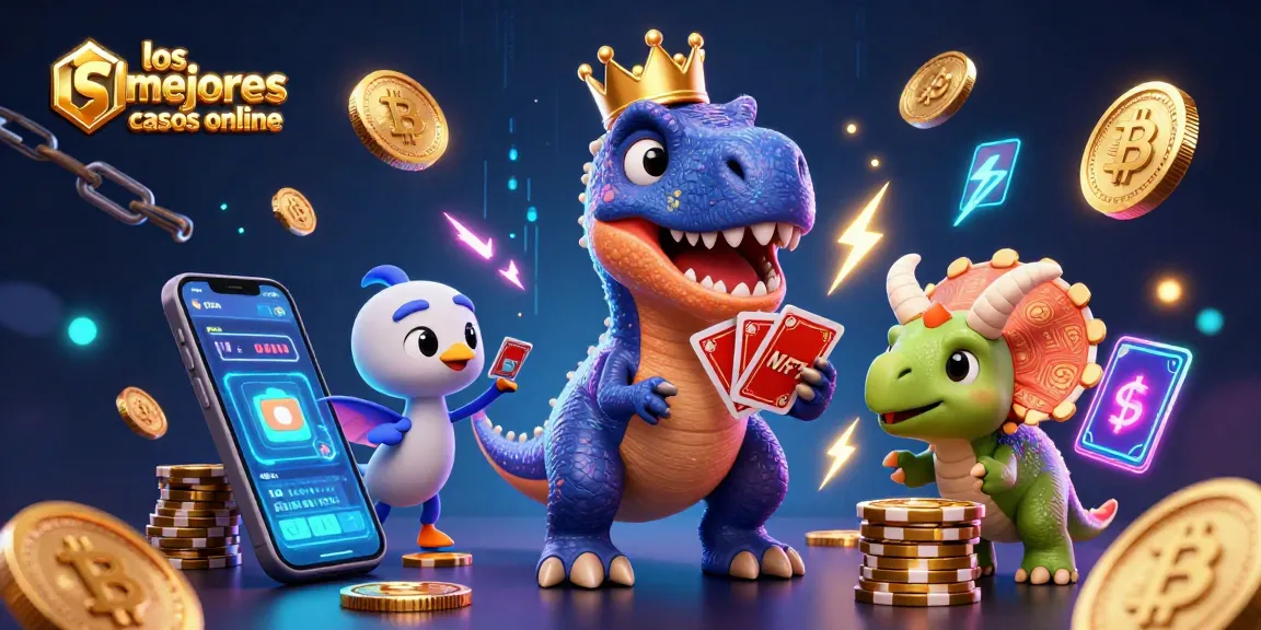 Ilumina tus apuestas con "los mejores casinos online" mientras el T-Rex juega cartas y un triceratops apila fichas.