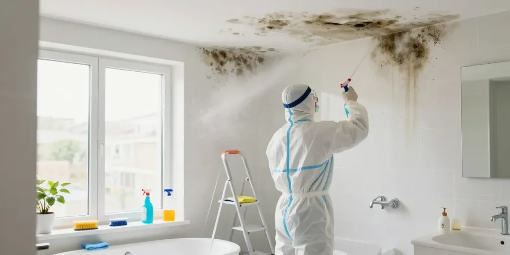 Desinfección de moho en Barcelona, técnico limpiando moho en baño iluminado.