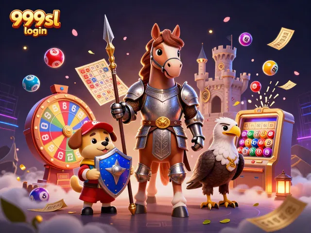 Experience the fun of 999sl login with a knight, puppy, and falcon in a vibrant casino scene.