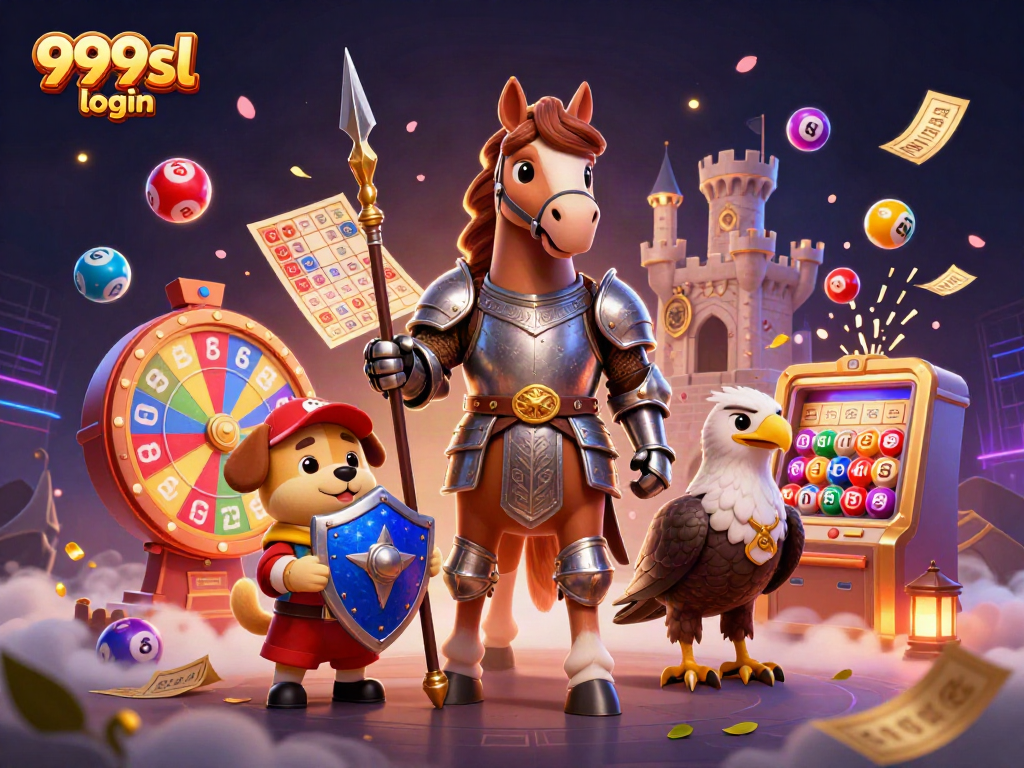 Experience the fun of 999sl login with a knight, puppy, and falcon in a vibrant casino scene.