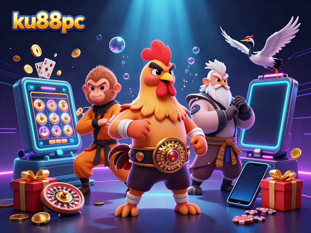 Engage in thrilling gameplay with ku88pc as cartoon characters attract golden rewards at a vibrant casino scene.