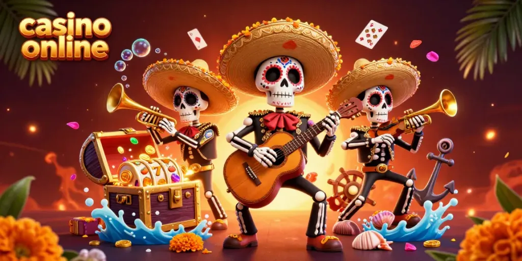 Disfruta de la emoción del casino online con una escena vibrante de un trío de mariachi.