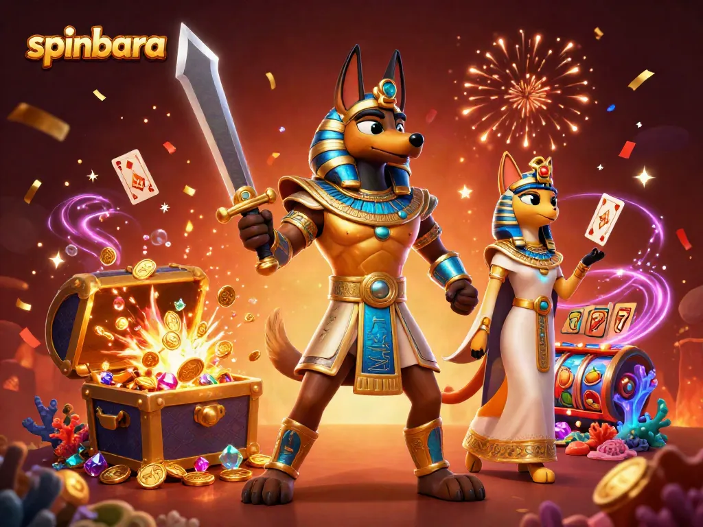 Spinbara's exciting slots showcased by Anubis wielding a sword amidst gold coins and vibrant game elements.