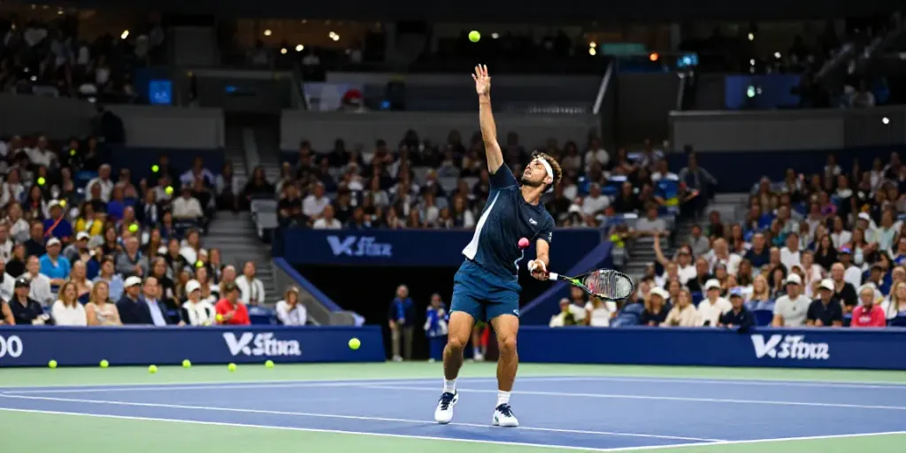 Jugador de tenis concentrado en servir, destacando el pronóstico de tenis en un emocionante partido en el estadio.